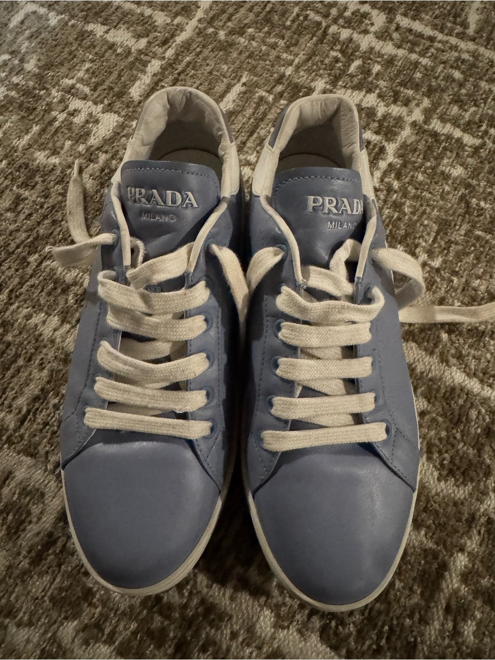 Prada Light Blue Leather Low-Top Sneakers with White Laces